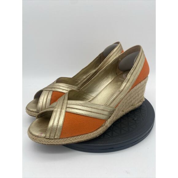 Lilly Pulitzer Liza Metallic Orange Peep Toe Canvas Wedge sz 8.5 - Picture 1 of 12